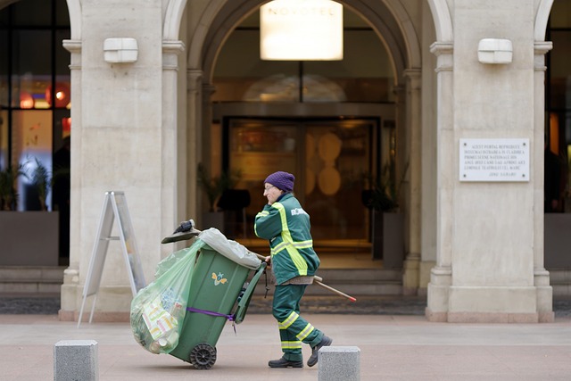 sanitation worker, city, dumpster